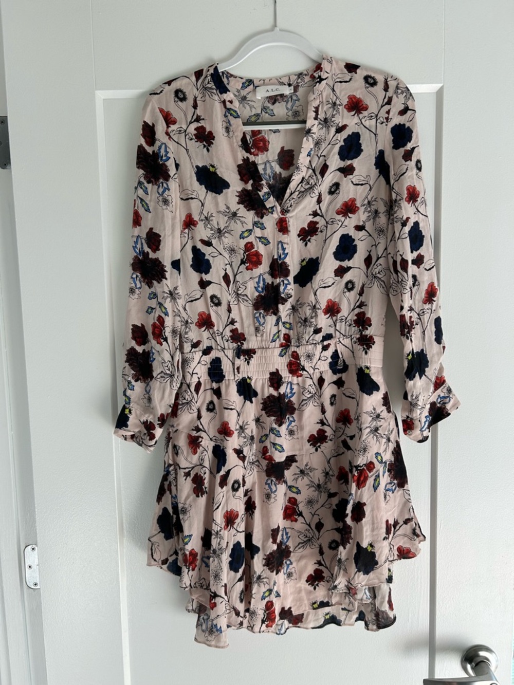 A.L.C. Floral Long-Sleeve V-Neck Mini Dress - Blush with Navy & Red Floral